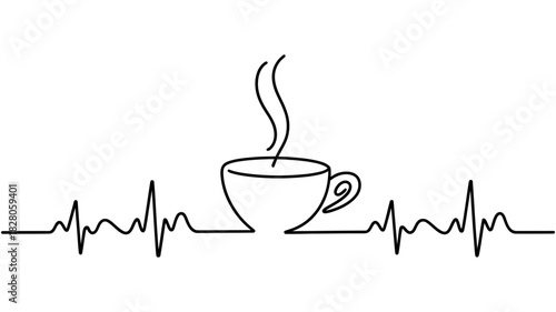 Continuous one line drawing of a steaming coffee cup integrated into a dynamic heartbeat electrocardiogram, symbolizing vitality and energy boost.