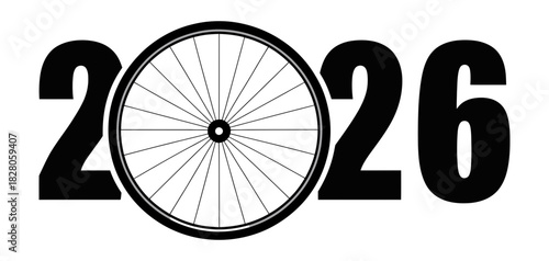 Year 2026 concept with a bicycle wheel replacing the zero, symbolizing cycling, sports events, future trends, and an active lifestyle theme
