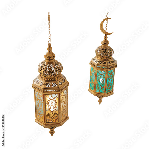 Traditional Islamic Lanterns with Crescent Moon and Warm Glowing Light for Ramadan Kareem