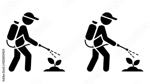 Agricultural worker spraying plant icon. farmer applying pesticide or fertilizer to a small seedling with a backpack sprayer. crop protection.