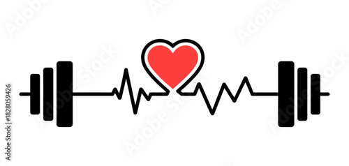 Heartbeat line connecting barbells with a central red heart icon, symbolizing fitness, cardiovascular health, strength, and exercise benefits