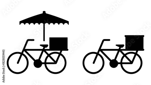 Bicycle icons for mobile business and delivery services. silhouettes of a street vendor bike with umbrella and a cargo bike with box.
