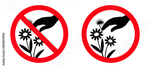 Do not pick flowers" and "picking flowers" signs illustration, showing a hand interacting with blossoms inside red circles, representing prohibition and allowance.