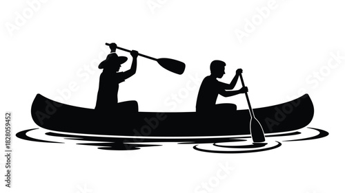 Two people canoeing together on water silhouette