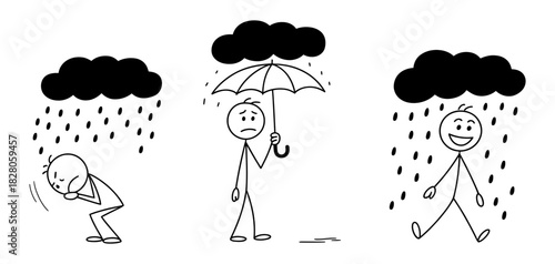Different human reactions to adversity depicted by stick figures experiencing rain; from crying in despair, shielding with umbrella, to happily walking through rain.
