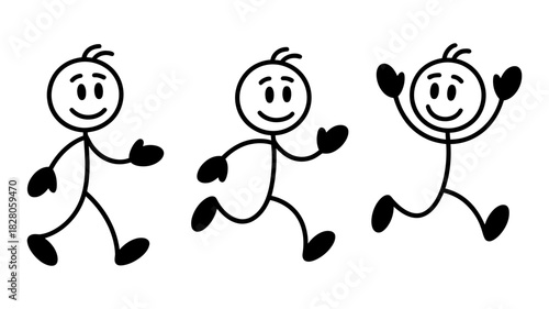 Stick figures illustration depicting various actions like walking, running, and jumping, symbolizing movement, activity, happiness, and joy