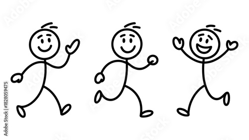 Happy stick figures illustrating walking, running, and cheering, embodying emotions like joy, freedom, and dynamic movement in simple line art style vector graphic.