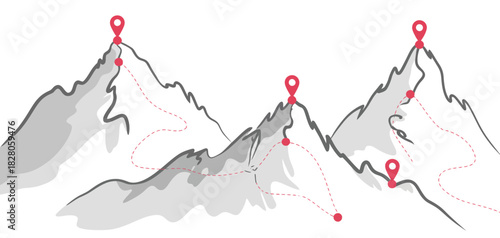 Mountain peaks with red pin markers showing climbing paths and routes to success, illustrating journey, challenge, and goal achievement concepts
