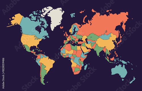 World map colorful continents countries borders and regions vector illustration