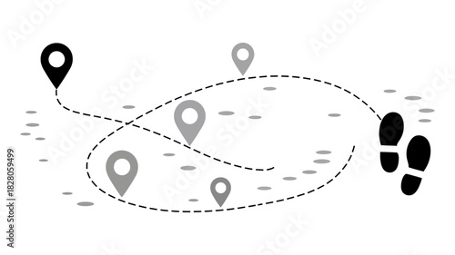 Journey path illustration with a starting point, multiple location pins, and footprints symbolizing travel, exploration, and navigation guidance on a clear background