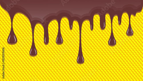 Chocolate drip illustration. Chocolate waffle drips illustration. Ice cream drips on waffle waffer background. Wavy waffle ice cream drips illustration. Vector of ice cream dripped.