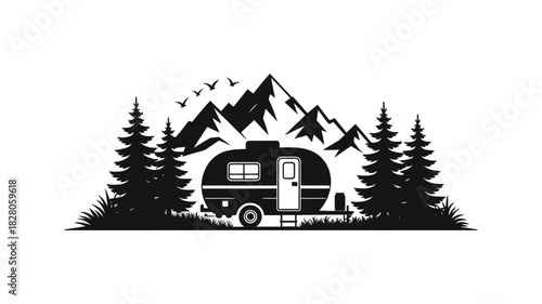 Vintage camper in mountain wilderness scene
