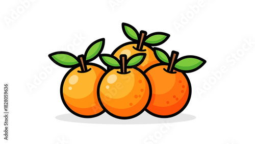 Four fresh cartoon oranges with green leaves, simple vector art