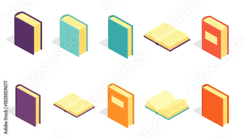 Isometric books collection in various colors, learning and knowledge.
