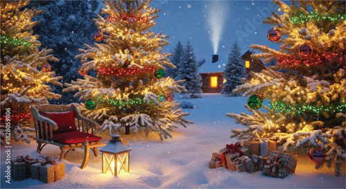 Christmas Trees in Snowy Landscape with Gifts and Cozy Cabin.