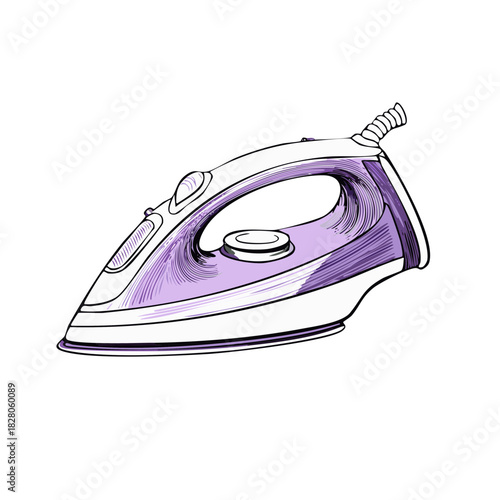 Modern purple and white steam iron with cord and controls, isolated graphic illustration.