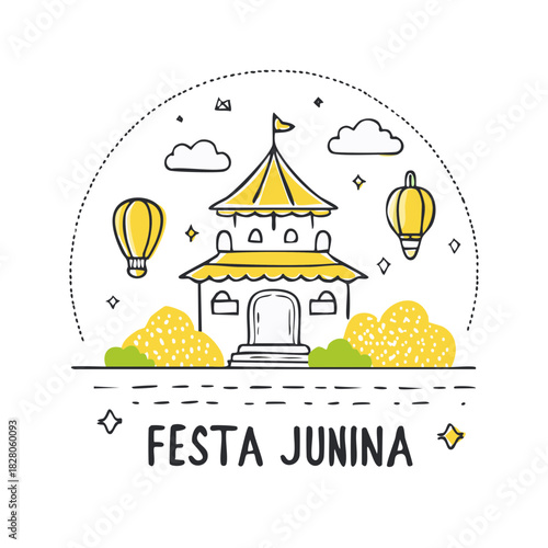 Hand drawn doodle illustration for Festa Junina the Brazilian June Festival with hot air balloon and lanterns