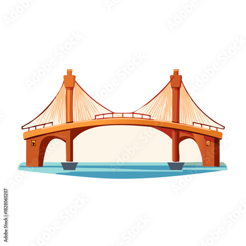 Modern urban cable-stayed bridge crossing calm blue water. City architecture illustration.