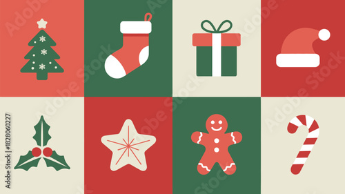 Christmas Holiday Icon Set with Tree, Ornament, Stocking, Gift, Santa Hat, Star, Gingerbread Man and Candy Cane