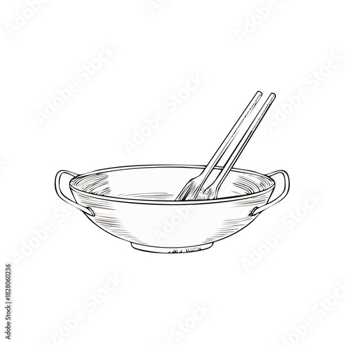 Hand-drawn sketch of an empty wok with chopsticks