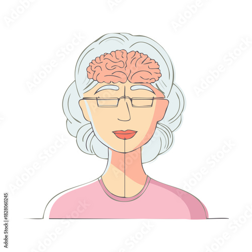 Older Woman Portrait With Brain Illustration Inside Head Representing Intelligence