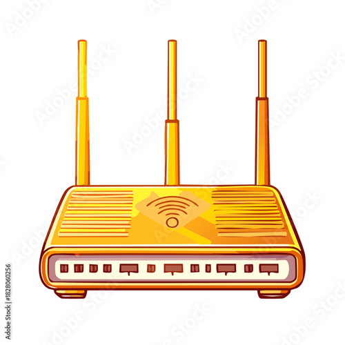 Golden cartoon wireless router for wifi internet connection with three antennas