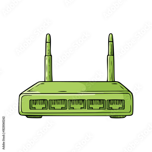 Green Router with Antennas Network Hub Connection Ports Connectivity Wireless Signal