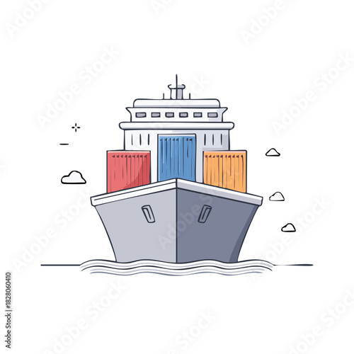 Vibrant line art illustration of a large container ship carrying colorful cargo, symbolizing global trade and logistics.
