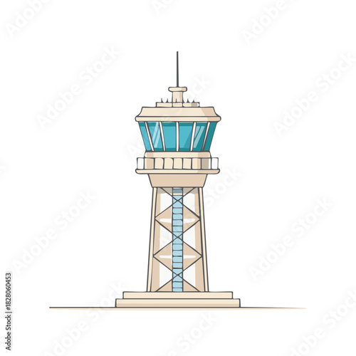 Airport control tower structure with glass windows and antenna on a white background