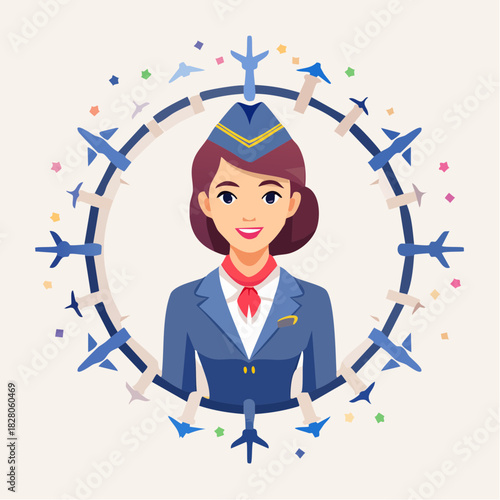 Smiling Woman Flight Attendant Avatar in Uniform surrounded by Airplanes, friendly and welcoming, in bright studio