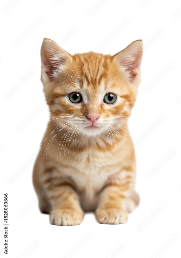 Obraz premium a close-up photorealistic macro portrait of a small 6-week-old ginger tabby kitten with large green eyes, sitting on a high-key white background. concept of gentle domestic animal care