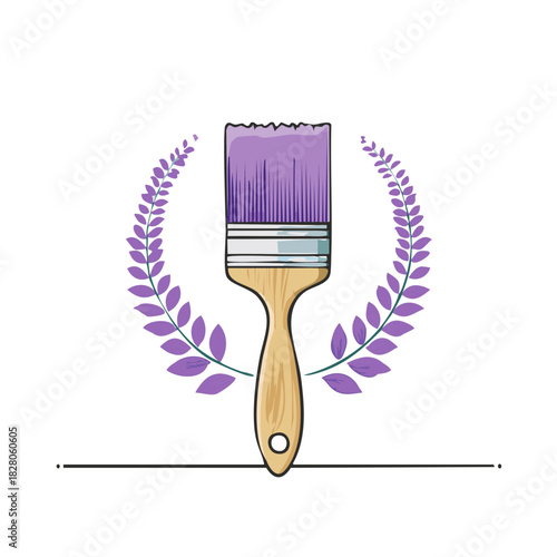 Paintbrush with purple bristles and laurel wreath emblem