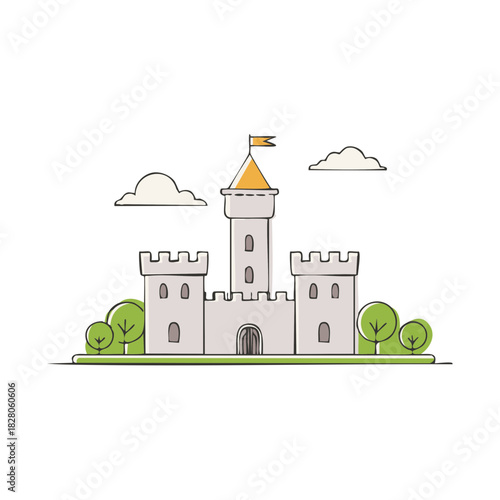 Whimsical cartoon castle with towering turrets, fortified walls, and a flying flag