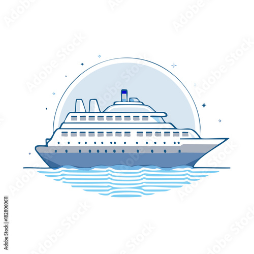 Stylized passenger cruise ship sailing on ocean waves under a bright sky illustration