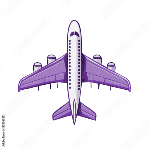 Purple passenger jet airplane viewed from above isolated on white background
