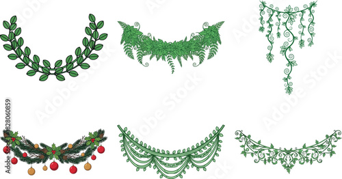 Collection of six different green garlands isolated on transparent background, perfect for adding a touch of nature to any design