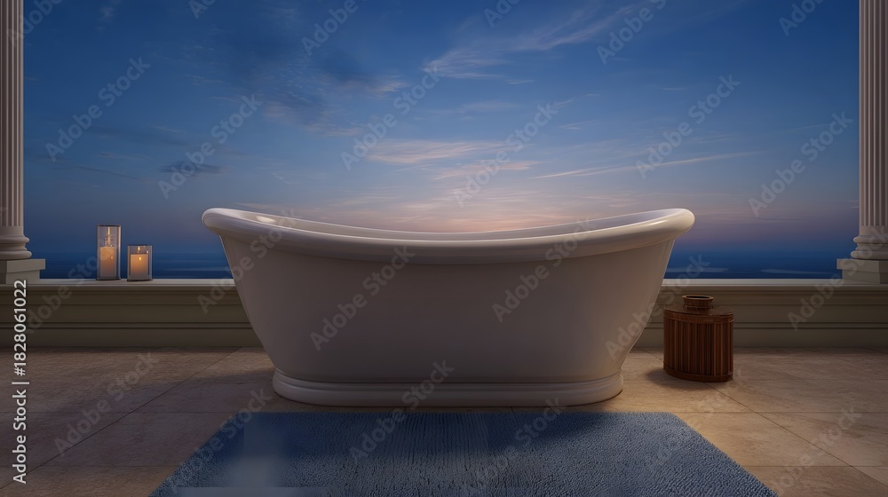 Obraz premium A freestanding bathtub on an outdoor balcony with an ocean view at twilight