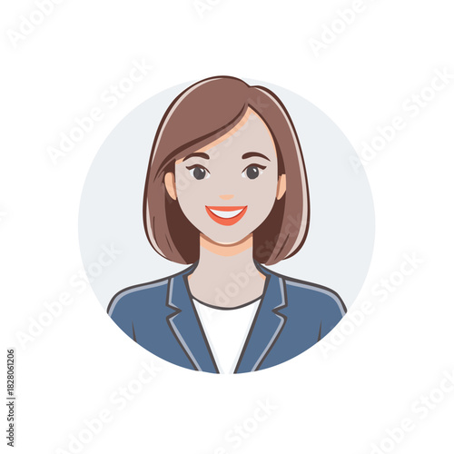 Smiling woman with short brown hair wearing a blue suit and white shirt in a circular avatar portrait
