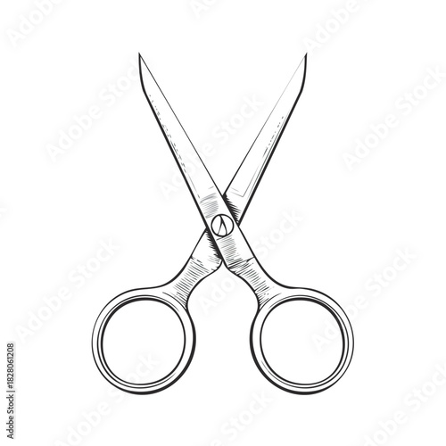 Hand Drawn Open Crossed Metal Scissors Illustration Sketch Line Art Cutting Tool Drawing
