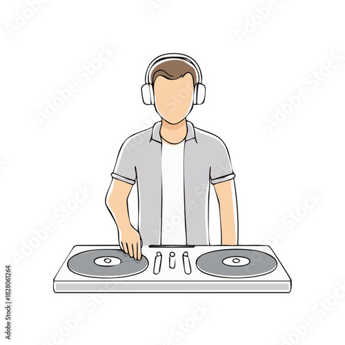 Modern disc jockey character wearing headphones mixing music on professional turntables vector illustration