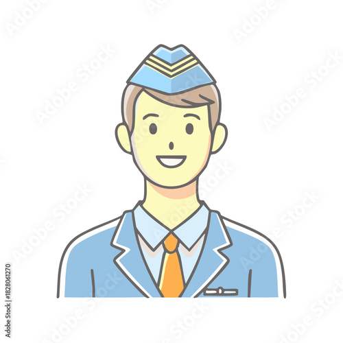 Friendly male flight attendant in a blue uniform, smiling cabin crew member portrait illustration