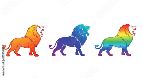 Three roaring lions in vibrant colors, including orange, blue, and rainbow, standing proudly