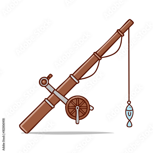 Classic fishing rod with reel and fish lure vector illustration for outdoor recreation hobby.