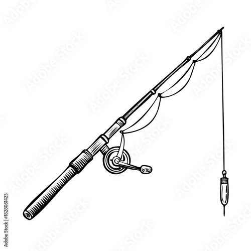 Classic Spinning Fishing Rod with Reel and Bobber Line Art Drawing