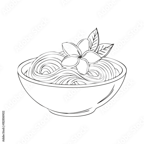 Outline illustration of noodles in a serving bowl adorned with a decorative tropical flower and leaves