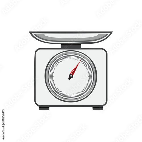 Kitchen scale with round dial and red pointer on white background