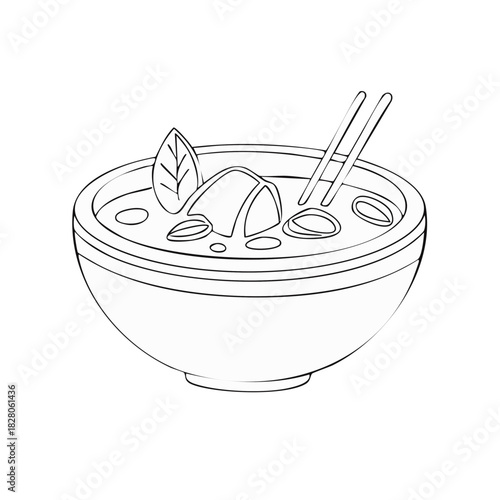 Outline drawing of vegetable soup in a bowl, Asian food cuisine with chopsticks