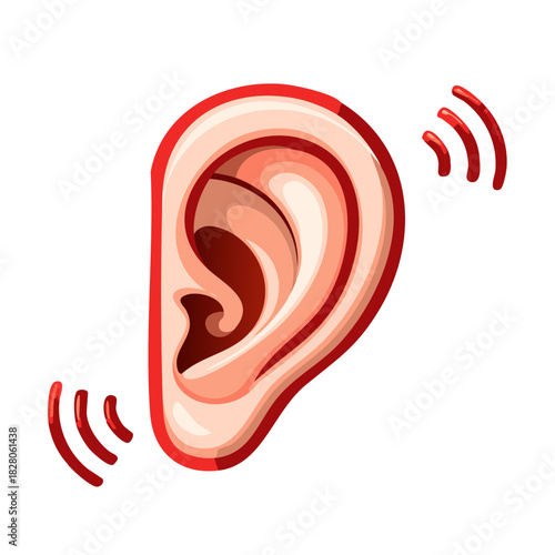 Illustration of a human ear with sound waves emanating from it representing hearing and listening