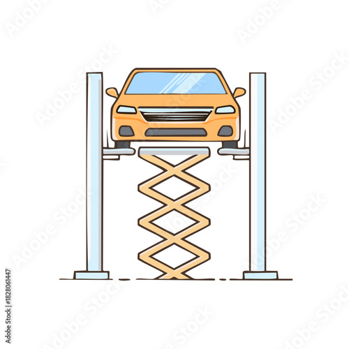 Vehicle on auto lift, cartoon car on hydraulic repair stand, maintenance equipment, garage service station isolated on white