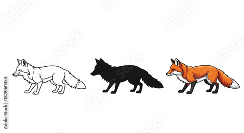 Three foxes illustration outline, silhouette, and colored fox